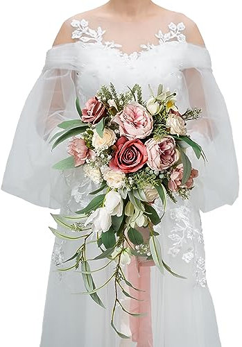 BENCENTRE 30,5 cm Dusty Rose Hochzeitsstrauß Austin Rose Mix künstliche Blumen, kaskadierender Brautstrauß für Hochzeitszeremonie, Jahrestag, Brautparty, Party und französische rustikale