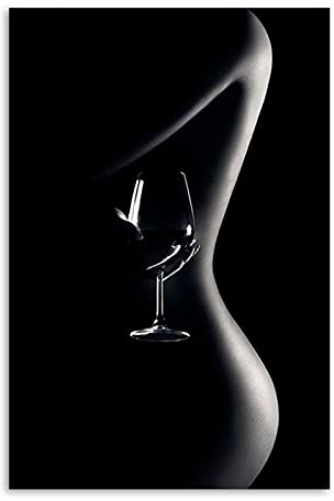 Rumlly Schwarz Weiß Poster Sexy Frau mit Weinglas Leinwand Bilder Drucken Moderne Schlafzimmer Wohnzimmer Dekorative Gemälde 60x90cm Rahmenlos