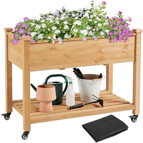 Yaheetech Huerto Urbano Elevado de Madera de Abeto Mesa de Cultivo de 2 Niveles con Ruedas Desmontables, Forro no Tejido, Ideal para Flores y Vegetales Marrón Claro 105 x 56 x 83 cm