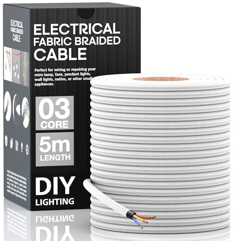 LEDSone 3 Core Round 5 Meter Black Fabric Braided Flex Lighting Cable, Vintage Electrical Cable Wire Flexible Fabric DIY Electrical Wire for Lamps, Flex Cables for Appliances (White - Round)