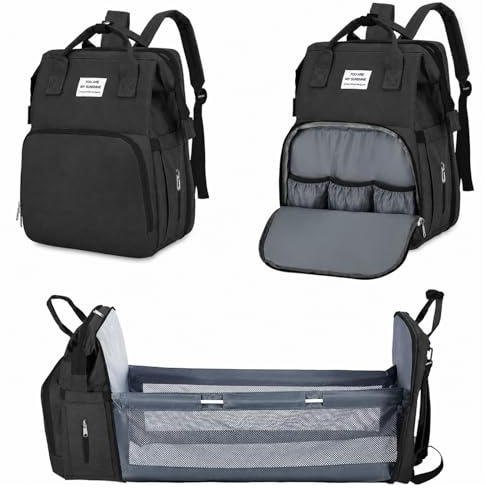 Bibykivn Mochila para Pañales Plegable,Bolsa de Cambio de Pañales Portátil,mochila para bolsa de bebé,Bolsa de Pañales Convertible,Gran Capacidad, Impermeable,para Bebépara cochecito (Negro)