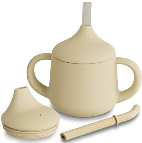 Moonkie Pipmugg | Silikon Småbarnsmugg med Sugrör | Träningsmugg 3-stegs | Drickkopp för Barn och Småbarn | Läckagesäker | BPA-fri | Diskmaskinssäker | 4 Uns(Ljus kaffe)