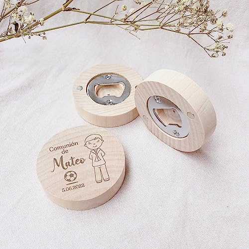 WunM Studio Abrebotellas Personalizado con imán de Madera para Nevera de Primera comunión, Recuerdo de Ceremonia de comunión Personalizado para niños Bonitos, Personalizado, 20 Piezas