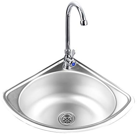 201 Stainless Corner Single Bowl Sink with Faucet,Stainless Steel Triangle Wash Basin with Strainer, Small Wall Mount Sink Mini Space Corner Vanity Bathroom Sink for Kitchen & Restrooms (With Faucet)