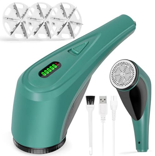 Levapelucchi Elettrico, leva pelucchi elettronico, Ricaricabile USB Togli Pelucchi Elettrico per Abiti, 2000 MAh/Display LED/3velocità Regolabili/Taglia Pelucchi a 6 Lame per vari Tessuti - verde