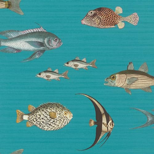 Rasch 553536 Non-Woven Wallpaper in Turquoise with Textile Topic and Colourful Fish 10.05 m x 0.53 m (L x W)