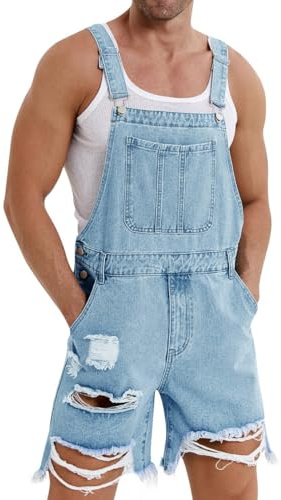Runcati Salopette da uomo in denim, pantaloncini in cotone, bavaglino estivo, tuta in jeans, Blu, L