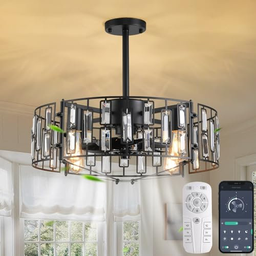 Ganeed Fandelier Ceiling Fan with Lights Crystal Pendant Lamp 50 cm Modern Chandelier 6 Wind Speeds with Remote Control for Bedroom Black 4 Lights