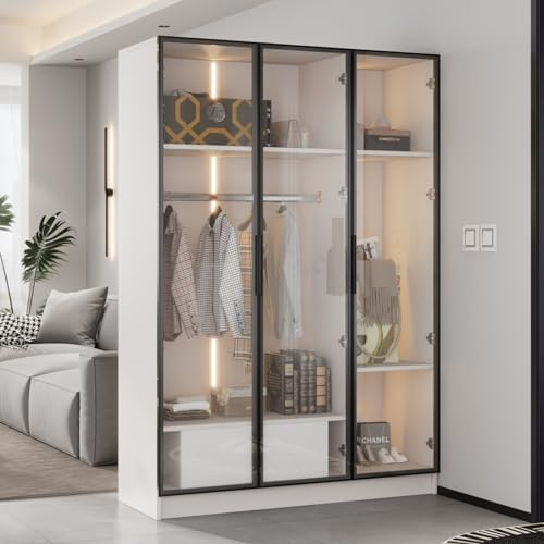 KOMHTOM armoire blanche spacieuse avec trois portes en verre transparent, buffet moderne avec LED, rangement avec tiroirs, polyvalente pour chambre à coucher, bureau, couloir