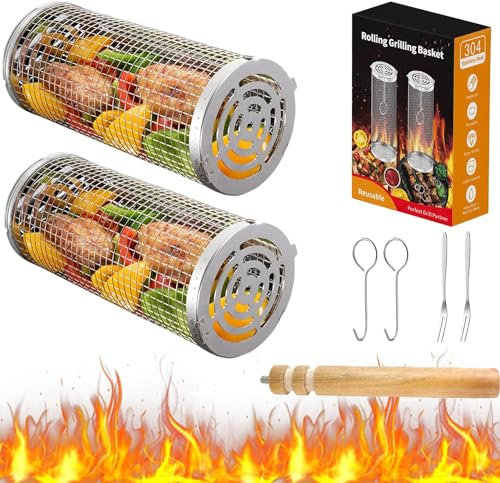 MEETOZ Lot de 2 paniers de barbecue à rouler, panier de barbecue en acier inoxydable avec poignée, accessoires de cuisine pour camping, pique-nique, légumes, crevettes, poulet, cadeaux pour homme,