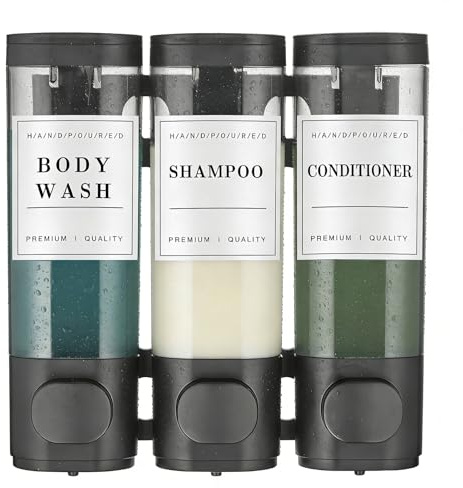 Shower Soap Dispenser Wall Mounted No Drill Shampoo Dispenser for Shower Wall Shampoo and Conditioner Dispenser Bathroom Hotel 3 * 300ml Black with Labels