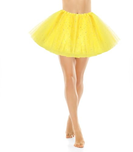 Yolev Tütu med Paljettstjärnor Tyllkjol Gräsgrön 3 Lager Tyll Balettkjol Retro 80-talet Outfit Bubbelkjol Tutu för Karneval Kostym Party Tillbehör Dans Löpning Cosplay, GUL, One Size
