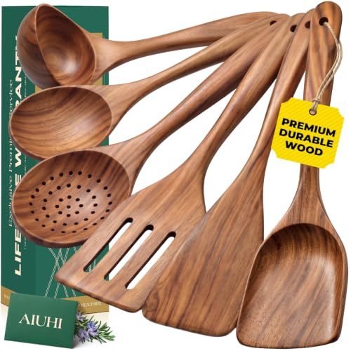 AIUHI Antihaft-Küchenutensilien-Set aus natürlichem Holz, glatt polierte Teakholz-Löffel zum Kochen, Pfannenwender mit bequemem Griff für anspruchsvolles Kochen, 6-teilig
