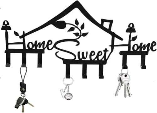 BAOHUAHU Schlüsselbrett Home sweet home Schlüsselhaken 8-Haken Deko schwarz eisenkunst Geeignet für Deko flurschl ü Selaufbewahrung Bohrschlüsselhalter17.6 * 35CMB