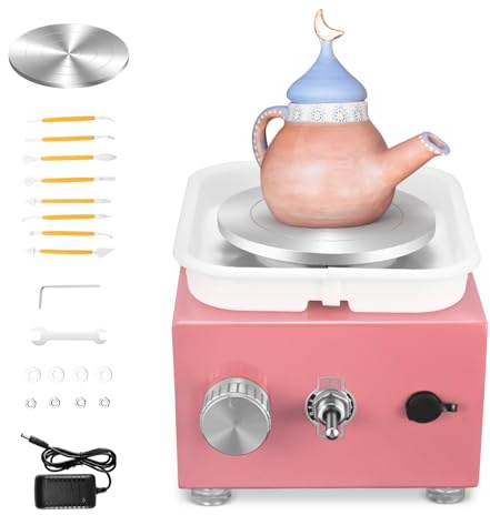 SenDeluz Töpferscheibe Elektrisch, Mini Electric Pottery Wheel 2000 U/min Einstellbare Geschwindigkeit mit Abnehmbarem ABS-Becken und 6,5/10 cm Drehteller, Töpferscheibe mit Tonformwerkzeug Geliefert