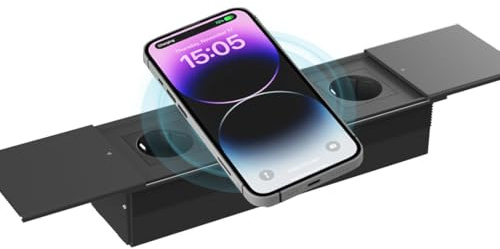 Elbe Inno - Presa da tavolo a scomparsa per il piano di lavoro, con 2 prese + 15 W, ricarica wireless, prese multiple per cucina e ufficio, presa da tavolo in alluminio nero