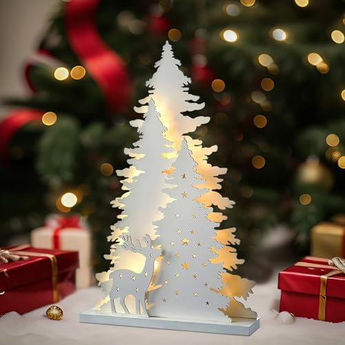 Weihnachtsdeko Holz Weihnachtsbaum Elch mit Lichterkette, Leuchtender Weihnachtsbaum Deko aus Holz, LED Weihnachtsbaum Elch Licht Weihnachtsdeko Innen, Tannenbaum Holz für Weihnachten Tisch Deko (B)