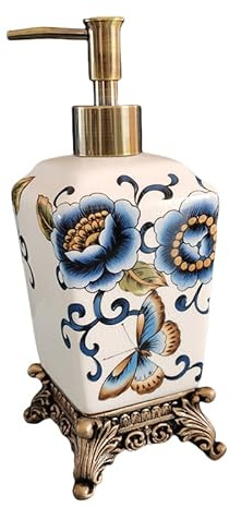 Antike Seifenspender mit Harzbasis, Keramik Seifenpumpe Flasche mit blauem Blumen- und Schmetterlings-Design, bronzierte Pumpe für Badezimmer oder Küche Dekor