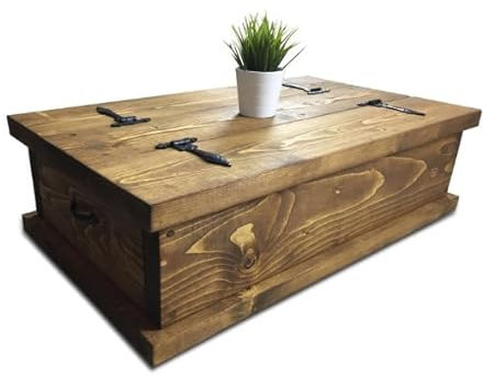 Handgefertigter Ottoman-Couchtisch aus Massivholz mit Stauraum, stilvoller Truhentisch für Wohnzimmer, dunkle Eiche, 80 x 60 x 33 cm (L x T x H)