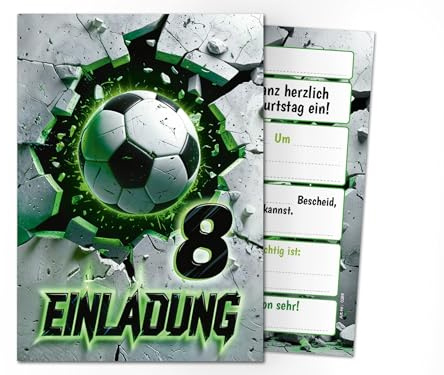 Junaversum 12 Einladungskarten zum 8. Kindergeburtstag Fußball Fussball Kinder Jungen coole bunte Einladungen achte Geburtstag Geburtstagseinladungen Kids