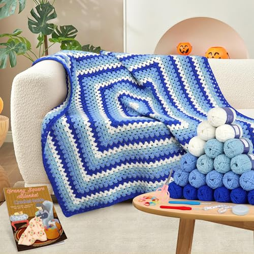 Reessy Crochet Kits for Beginners Adults, Crochet Blanket Kit, Granny Square Blanket Crochet Kit with Step-by-Step Instruction, Crochet Hooks, 22pcs Yarn Balls, Crochet Starter Kit Learn to Crochet
