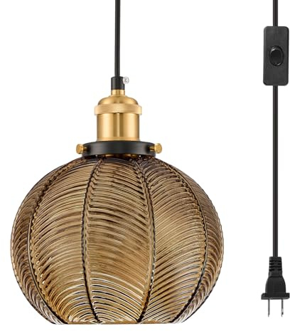 ZRPSSGE Modern Plug in Hanging Light, 7.8 Inch Glass Pendant Light with 14.76 FT Adjustable Plug in Cord, Vintage Amber Hanging Lamp for Dining Room Bedroom Kitchen Island Bathroom E26
