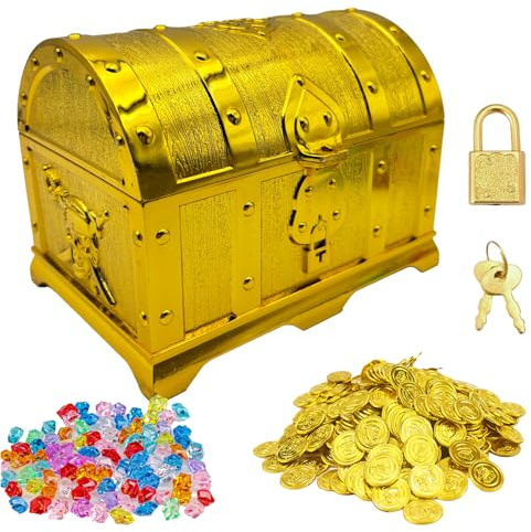 RUISHENG Schatzkiste Kindergeburtstag Gold Piratenschatz Piratendeko Set | Schatztruhe Kindergeburtstag mit Schloss und Schlüssel mit 50 Piraten Goldmünzen und 100 Edelsteinen für Schatzsuche