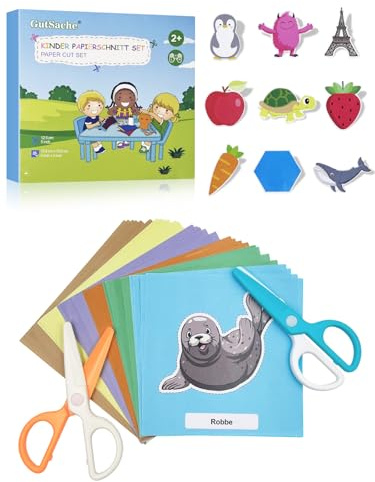 GutSache Kinderschere Set mit 2 Scheren und 48 Bastelpapier, Bastelset für Kinder ab 2 Jahre, Montessori Lernspielzeug für Feinmotorik, Vorschule & zu Hause, Ideales Mitgebsel Gastgeschenk