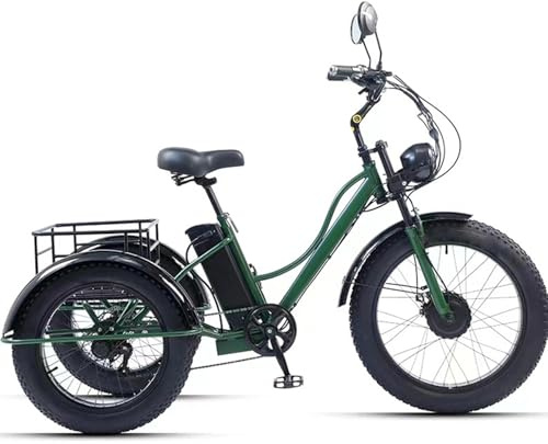 DEaThsalL 24 Pollici Veicolo Elettrico a Tre Ruote Bicicletta Elettrica da Carico per Adulti capacità di Carico 200 kg Altezza Regolabile con Carrello della Spesa per Le commissioni Green