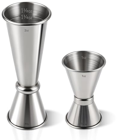 2-Pack Stainless Steel Cocktail Jiggers – Japanese Style Double Measuring Cups for Bartending (1oz/2oz + 0.5oz/1oz)