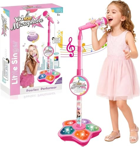 RuiDay Kids Microphone with Stand, All in One Microphone Toy, Musical Microphone with Music & Light, Adjustable Height, Sing Musical Toy for Girls Boys Singing (Pink)