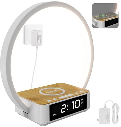 NEEWER ENTRY LEVEL VERSION Bedside Lamp with 15W Wireless Charging Compatible with AirPods, Sunrise Alarm Clock, Dimmable Desktop LED Touch Ring Light for Bedroom Nightstand Reading, N40