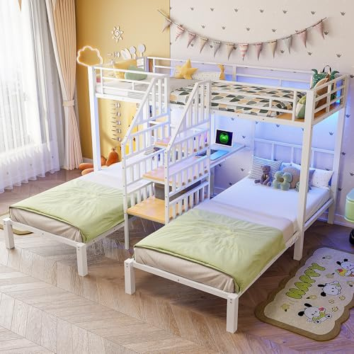 Merax Etagenbett für 3 Kinder, Kinderbett 90x200 cm Multifunktionales Hochbett mit Schreibtisch, integrierter Leiter mit Stauraum, LED, Steckdose & 2 USB-Anschlüssen, Metallbett, ohne Matratze, Weiß