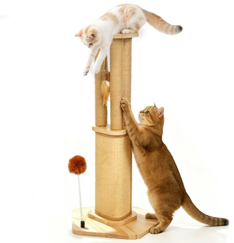 Pawtasy 67cm Cat Scratching Post for Indoor Cats with Pentagonal Base | Scratch Post for Large Cats Wooden Kitten Pole with Interactive Toys 360° Sisal Small Cat Tree Scratcher Protector Furniture