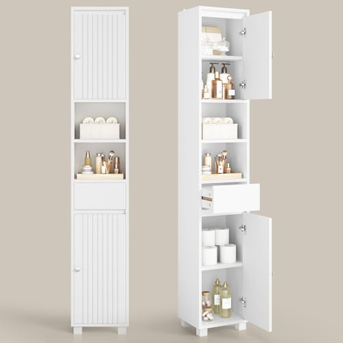 FORABAMB Badezimmerschrank, Badezimmer Hochschrank mit verstellbaren Ablagen, Schublade, offenen Fächern, Platzsparender Badschrank für Badezimmer, Wohnzimmer, Badezimmermöbel, 30 x 30 x 180 cm, Weiß
