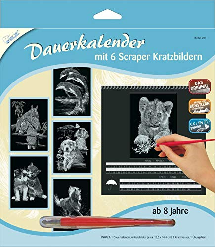 MAMMUT 143001 Kratzbilder & Dauerkalender, Motiv Tiere 1, Silber, Komplettset mit 6 Kratzbildern & 1 Dauerkalender & 1 Kratzmesser & 1Übungsblatt, Kratzset für Kinder ab 8 Jahre