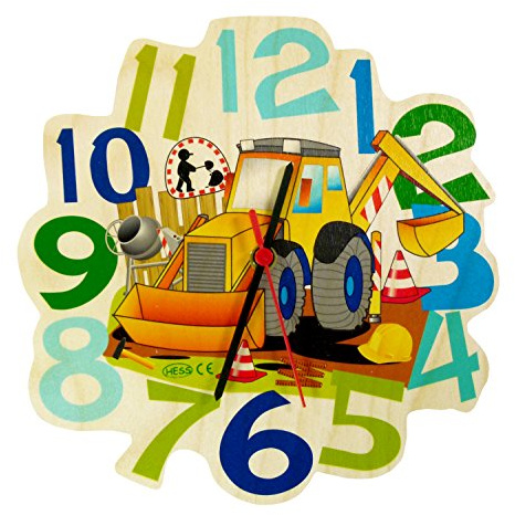 Hess Holzspielzeug 30008 - Wanduhr aus Holz für Kinder, Serie Baustelle, mit Quarzuhrwerk, handgefertigt, Durchmesser ca. 24 cm, farbenfroher Zeitanzeiger für´s Kinderzimmer