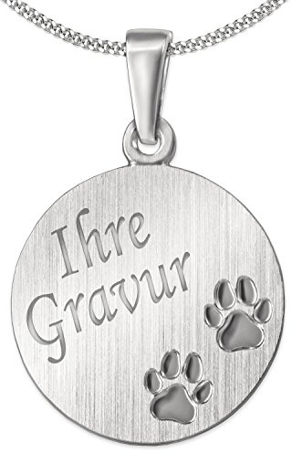 CLEVER SCHMUCK Halskette Hundepfote Platte mit Gravur 24 mm matt und Kette SILBER 925 Geschenk für Hundebesitzer im Etui