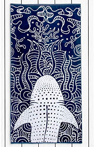 RESTILO Toalla de Playa Grande 90 x 180 cm 100% algodón, Toalla de baño de Terciopelo, Color Azul Marino, Azul Marino, Blanco Tiburón