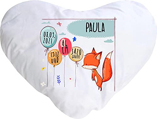 Kleckerliese Baby Kinder Kissen Personalisiert Kissenhülle Tiere Fuchs Balon Wolken Name Geburt Datum Uhrzeit Gewicht, 40x44 cm Farbe Weiß