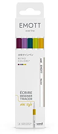 uni-ball Emott Uni Mitsubishi Pencil - påse med 5 retrofärgade pennor - skriv, rita, spåra med stil! - Fin spets 0,4 mm - grönblå, orkidé, vinlija, halmgul, äppelgrön