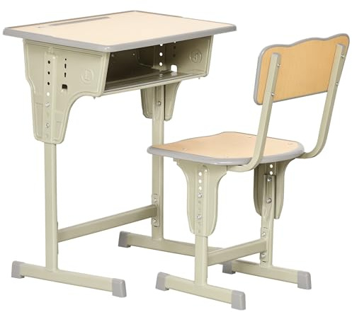 HOMCOM Bureau Enfant Vintage Style pupitre d'écolier Chaise Réglable Kaki