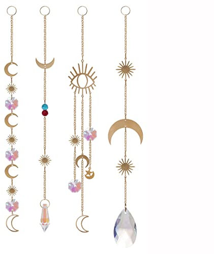 4 Stück Kristall Sonnenfänger,Mond Sonne Stern Windspiele Kristallanhänger Prismenkugel Regenbogen Maker Glas Fensterdeko ​Hängend für Fenster Lampe Wand Garten Weihnachts Party Hochzeitsdekoration,A