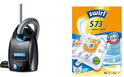 Siemens Staubsauger mit Beutel Q5.0 Extreme silencePower VSQ5X1230, Bodenstaubsauger, 850 W, schwarz & Swirl S 73 MicroPor® Plus Staubsaugerbeutel, 4 Stück inkl. Filter