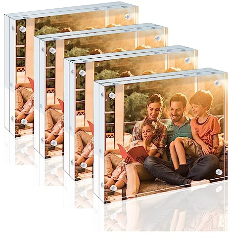 EGOFINE Confezione da 4 cornici portafoto in acrilico, 20 mm di spessore, senza cornice, trasparente, con supporto magnetico su entrambi i lati, per scrivania autoportante