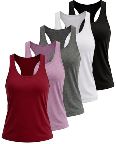TELALEO 5 Pack Workout Tank Tops for Women, Athletic Racerback Sports Tank Top, Loose Sleeveless Dry Fit Shirts Black/Grey/White/Red/Purple M