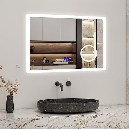 Biubiubath 100x60cm LED Badspiegel mit Bluetooth,Touch und 3X Vergrößernder Kosmetikspiegel,Badspiegel mit Beleuchtung,Beschlagfrei,Badezimmerspiegel mit 3 Lichtfarbe 3000-6000K Dimmbar,IP44