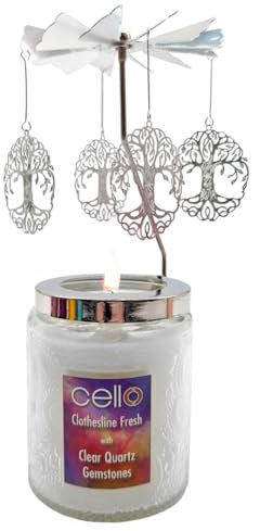Cello Scented Clear Quartz Candle with Spinner. Crystal Candle Carousel and Rotary Holder