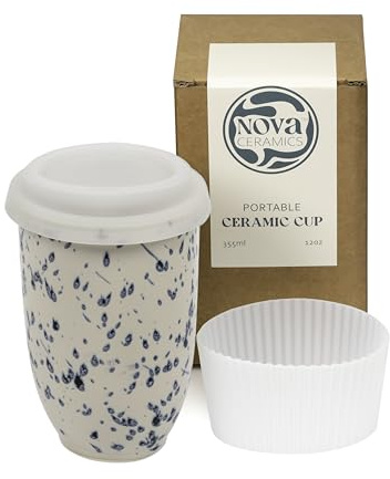 NOVA CERAMICS Travel Mug - Travel Size Mug – Reusable Coffee Mug Unique to Go Mug – Microwave & Dishwasher Safe Coffee White & Blue Tumbler - Gifts for Women Men Him Her – 12oz – Orchid