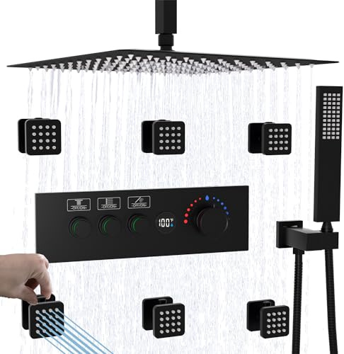 Temperature-Display Shower System with Body Jets, 16 Inch Rainfall Shower with Push-button Thermostatic Valve and Independent Flow Control, Matte Black